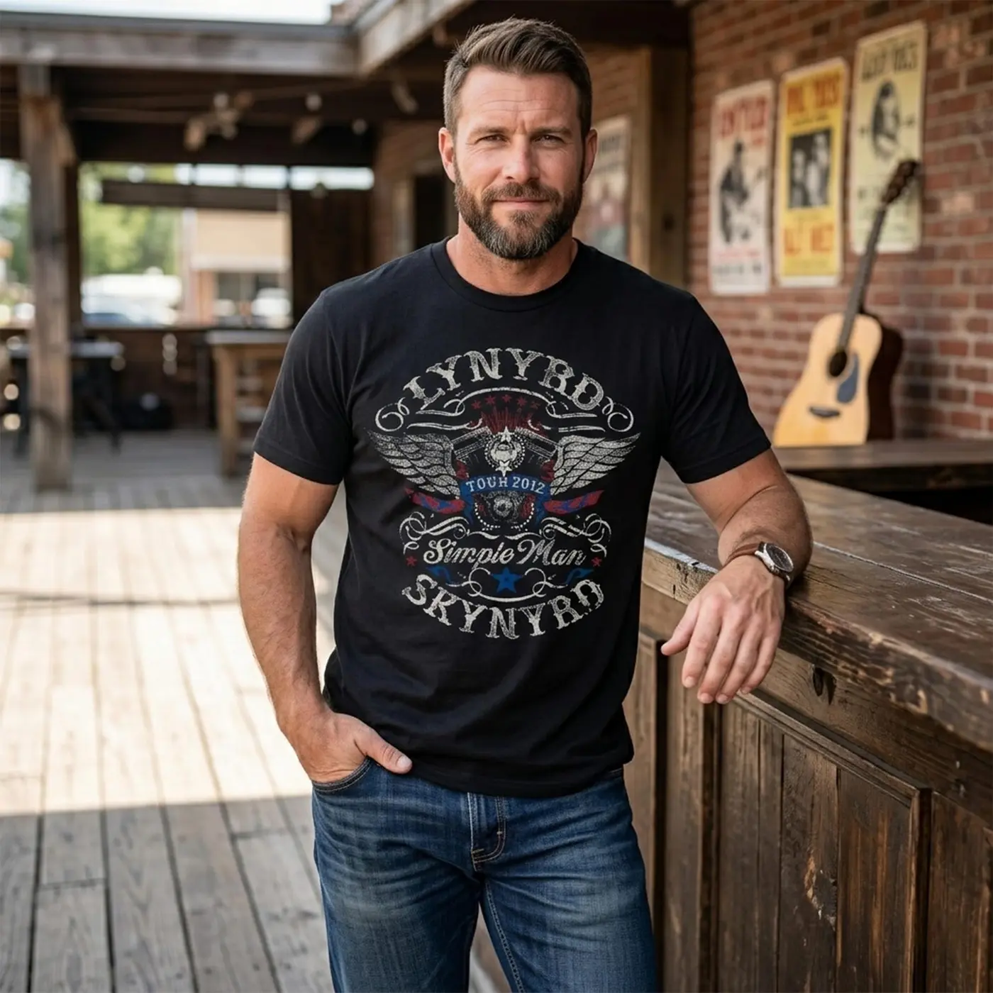 Model wearing a black Lynyrd Skynyrd Simple Man graphic T-shirt
