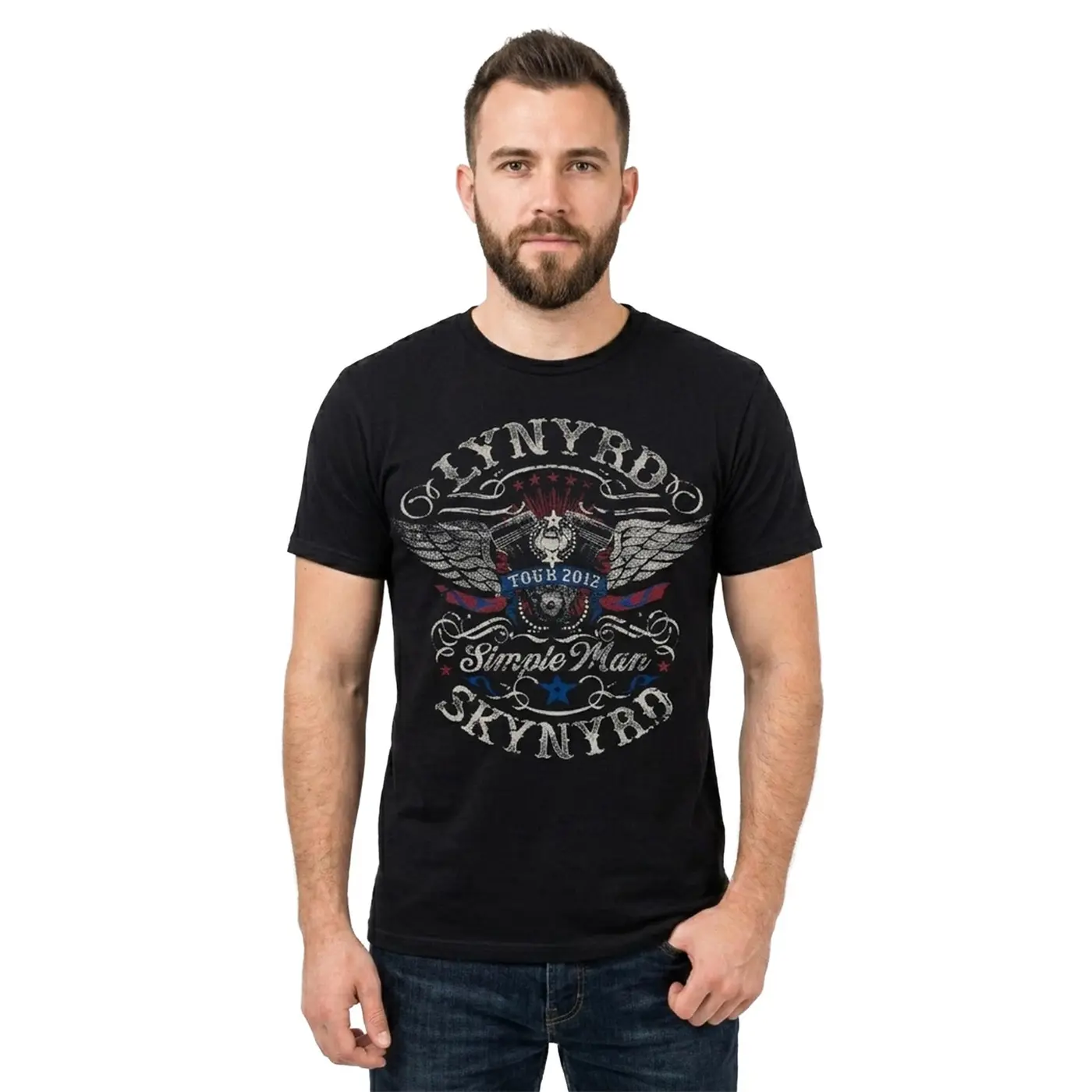 Studio model wearing a black Lynyrd Skynyrd Simple Man graphic T-shirt